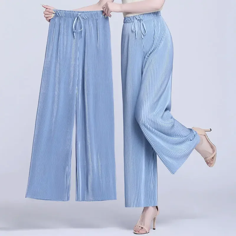 Moda plissada calças de perna larga para mulheres primavera e verão harajuku casual rendas até cintura alta elástica perna reta pants2015