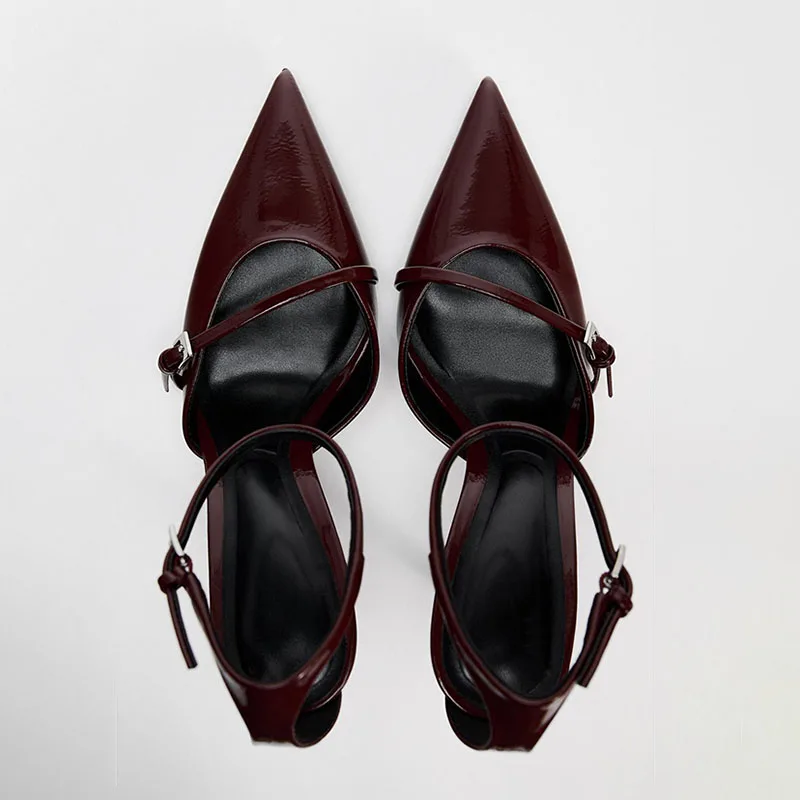TRAF Dark Red Ankle Metal Buckle Pumps Women Point Head Patent Leather Stilettos Summer Sexy Thin High Heels Sandals For Woman 