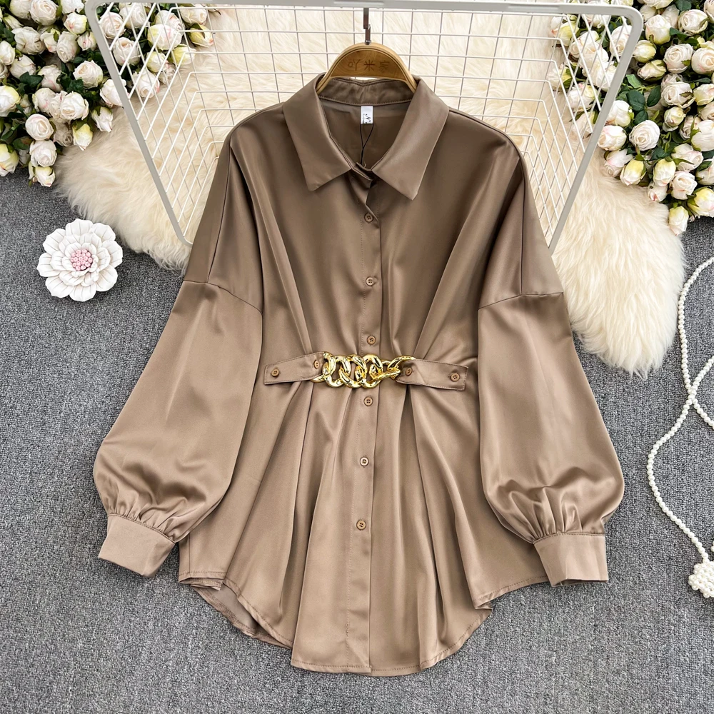 Spring Women Blouses Lantern Sleeve Turn-Down Collar With Belt Female Shirts Vintage Elegant Temperament Ladies Mid-Length Tops