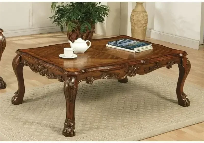 Dresden Rectangular Wooden Coffee Table in Cherry Oak Decorative Carving Inlay Veneers on Apron 36