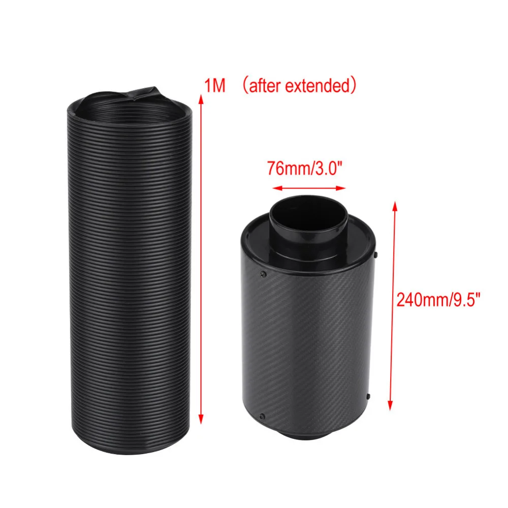 1 Set Universal Car 3 inch Carbon Fibre Cold Air Filter Feed Enclosed Intake Induction Pipe Hose Kit Universal