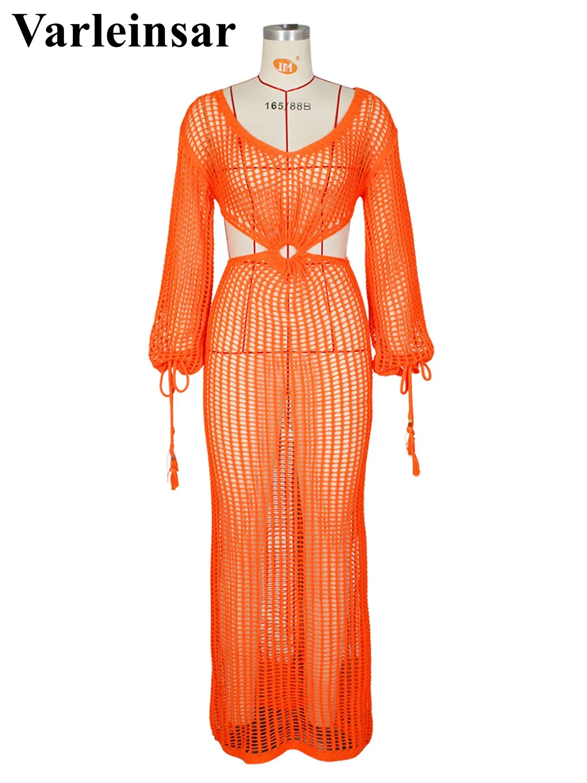 S - XL manga larga ahueca hacia fuera la túnica de punto de ganchillo para cubrir la playa vestido de playa ropa de playa ropa de playa mujer V5322