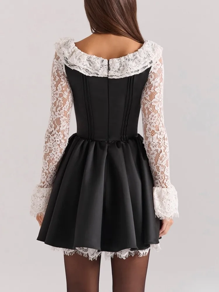 2025 nowa wiosna z długim rękawem czarne łączenie biała koronkowa Mini sukienka kwadratowy dekolt łuk satynowa talia sukienki damskie