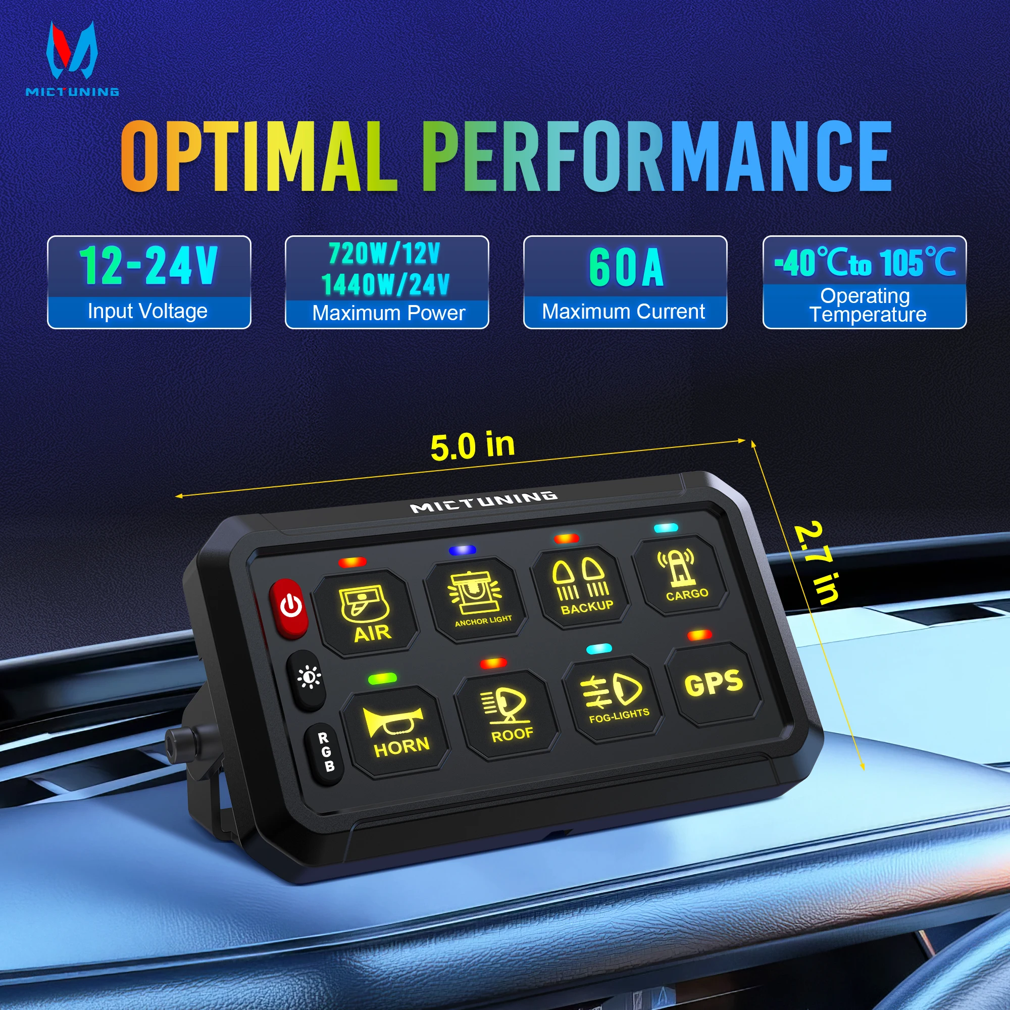 

MICTUNING New P1B RGB 5 Inch 8 Gang Switch Panel Control for Truck SUV UTV ATV Boat Marine RV Camper Van Multifunction 12-24V