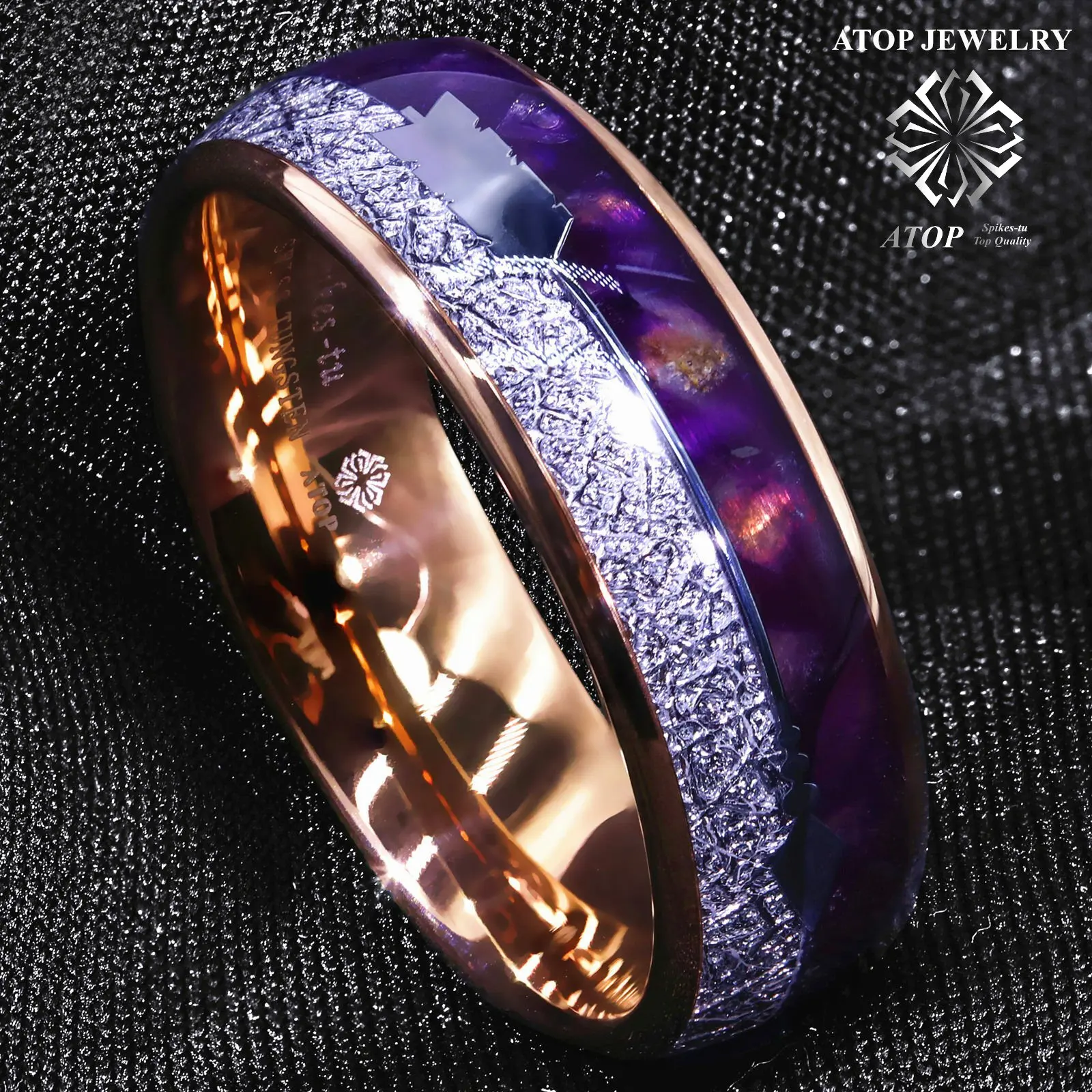 8/6mm Rose Gold Tungsten Ring Purple Agate Meteorite Arrow ATOP Men Wedding Band