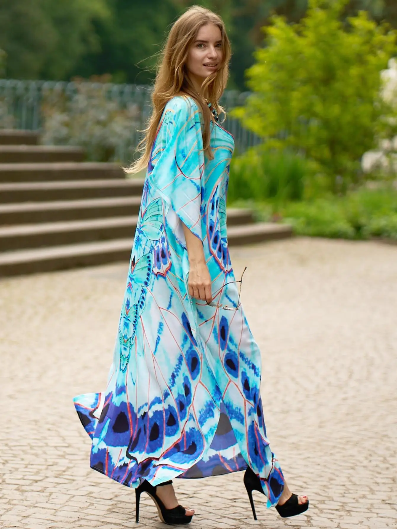 2024 nadruk w stylu Boho marokański Oversize sukienka Kaftan kobiety letnia plaża nosić seksowne dekolt w szpic rękaw w kształcie skrzydła