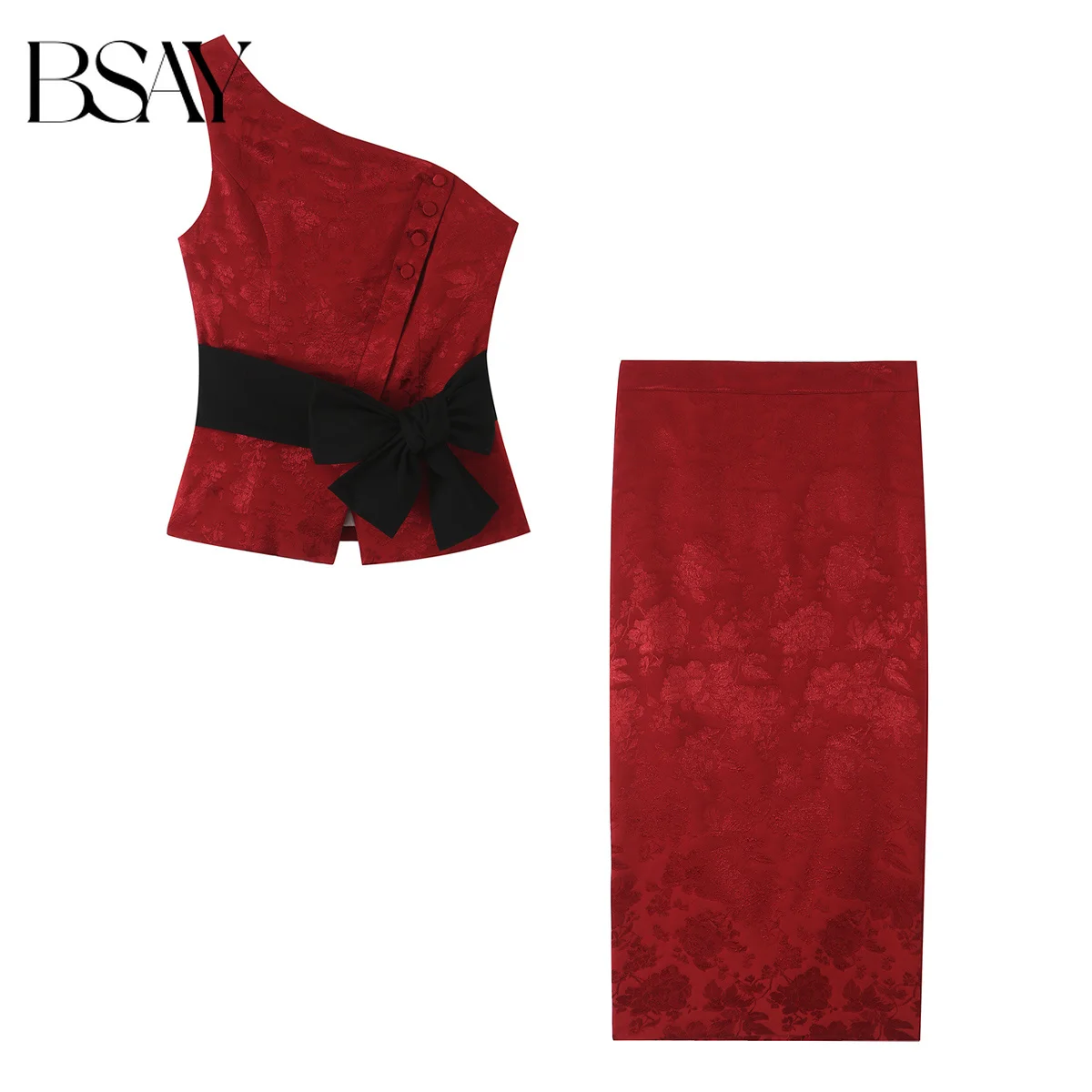 BSAY 2026 Summer Women Red Jacquard One Shoulder Sleeveless Top With Bow Belt High Waist Pencil Midi Skirt Two Piece Outfit