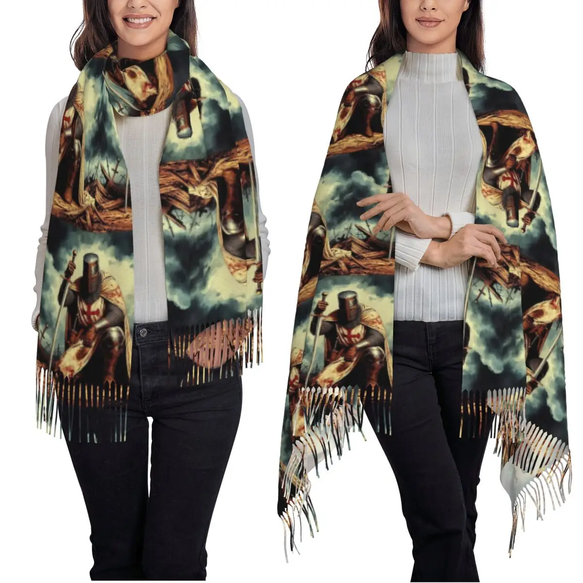 Escudo templario Cruz Guerrero Medieval espada caballeros bufanda borla bufandas para mujeres chales y chales grande Otoño Invierno chal