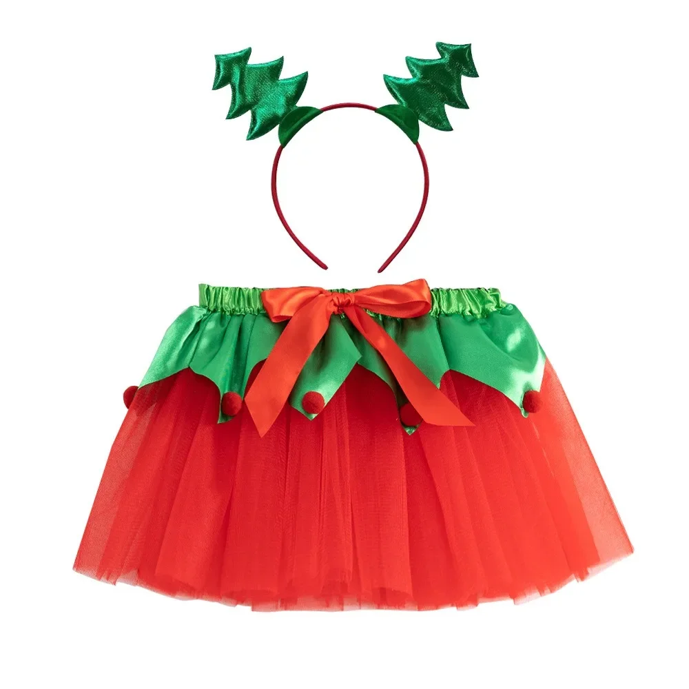 

Children's Clothing Cute Girl Holiday Performance Costume Christmas Party Elastic Gauze Skirts Red Bow Tutu Skirt+deer Headband