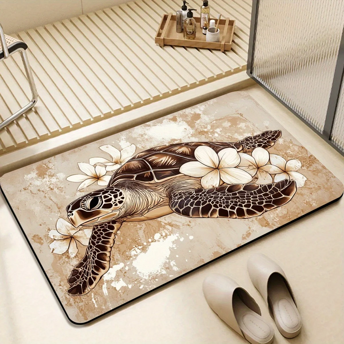 1pc 2D Flat Sea Turtle Plumeria Flowers Tropical Beach Flannel Bath Mat Non Slip Summer Ocean Rug For Bathroom Shower Floor