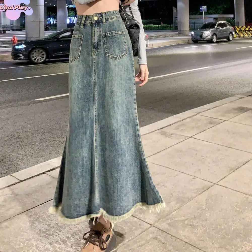 

Fashion High Waist Denim Skirt Women Solid Color Chic A-line Half Dress Loose Retro Hairy Fishtail Skirt Summer