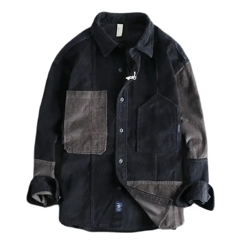 Personality color patchwork shirt men's long sleeve washed cotton corduroy fabric youth thin coat