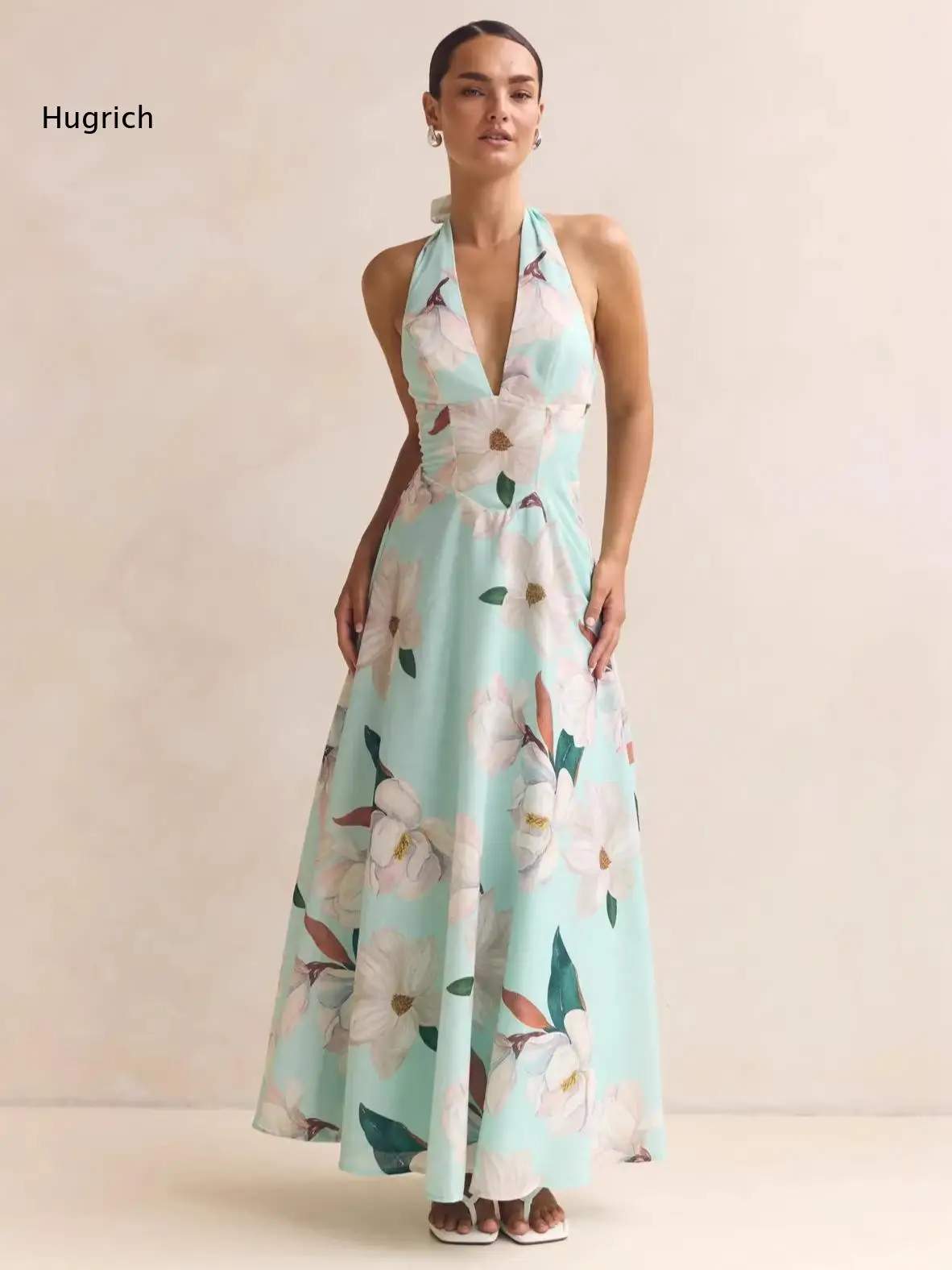 Halter Neck Deep V Midi Dress For Women Floral Pattern Sleeveless Backless Design High Waist Flowy Dress For Vacation