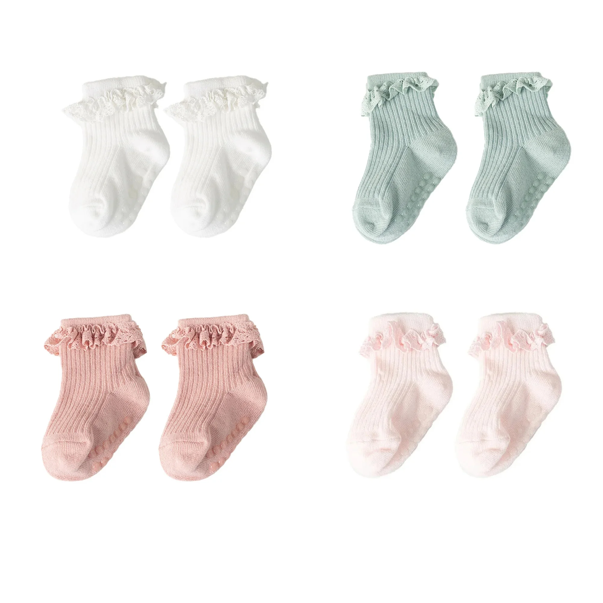 4pairs/lot Lace Ruffle Princess Baby Socks Soft Cotton Breathable Infant Girl Short Sock Rubber Bottom Anti-slip Kids Floor Sock