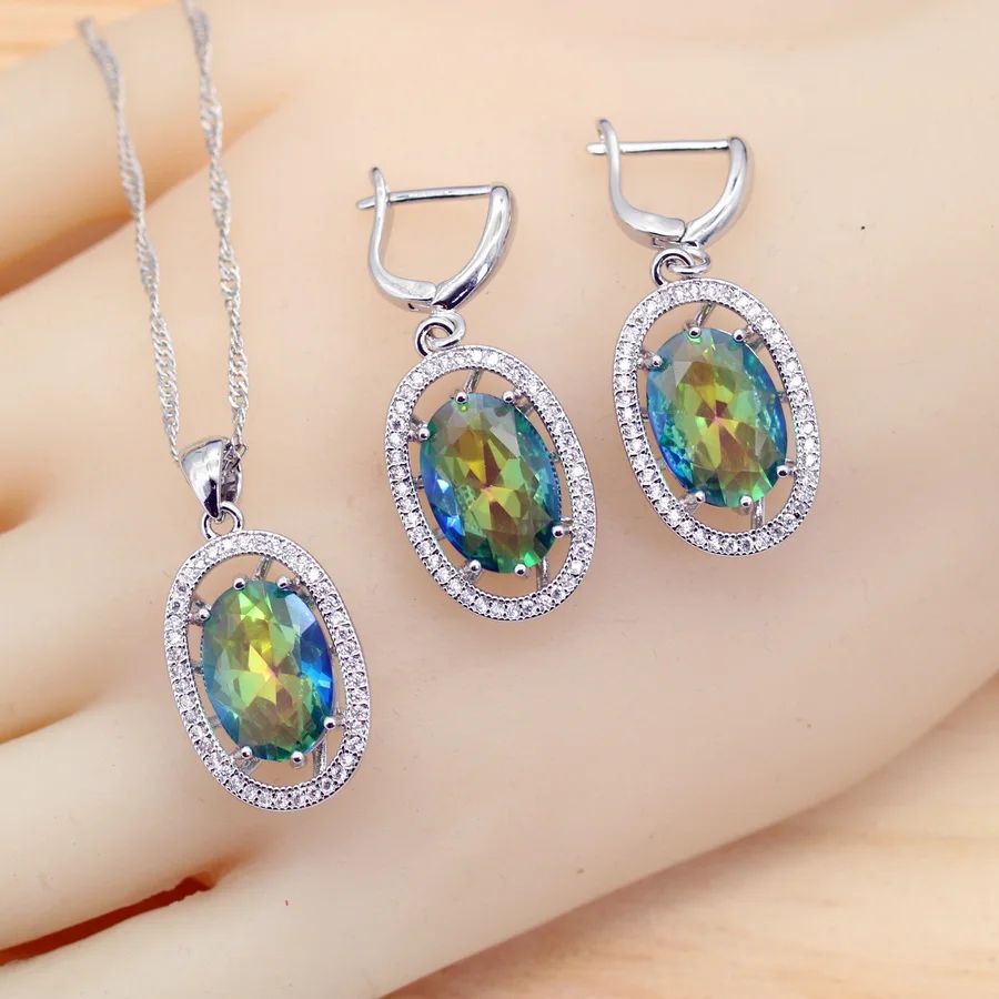 Classic Rainbow  Multicolor Zirconia Silver Color Jewelry Sets for Women Earrings Necklace Ring Wedding Gift