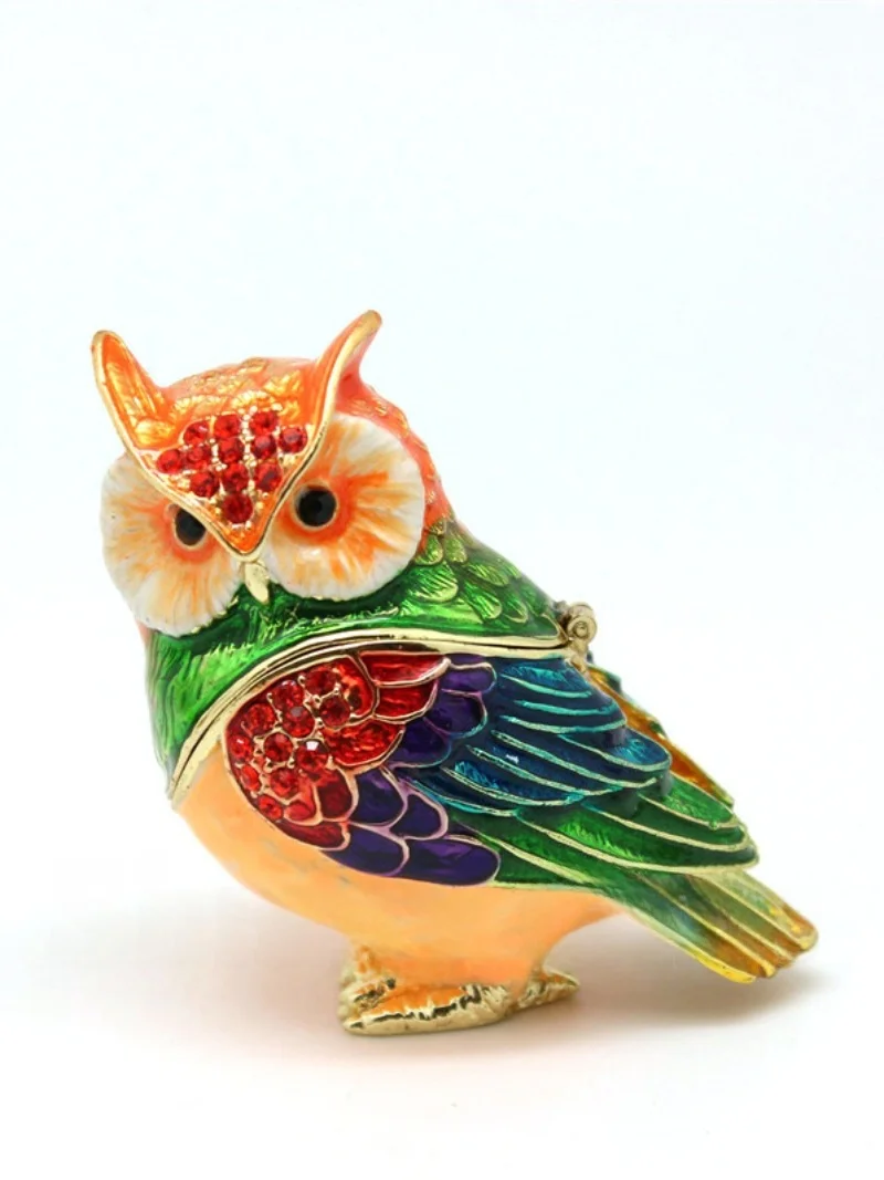 

Trendy Small Crtsmanip Cute Owl Decorative Box Creative Home Decoration Gifts Alloy Enaved Artificial Gemstone Jewelry Box