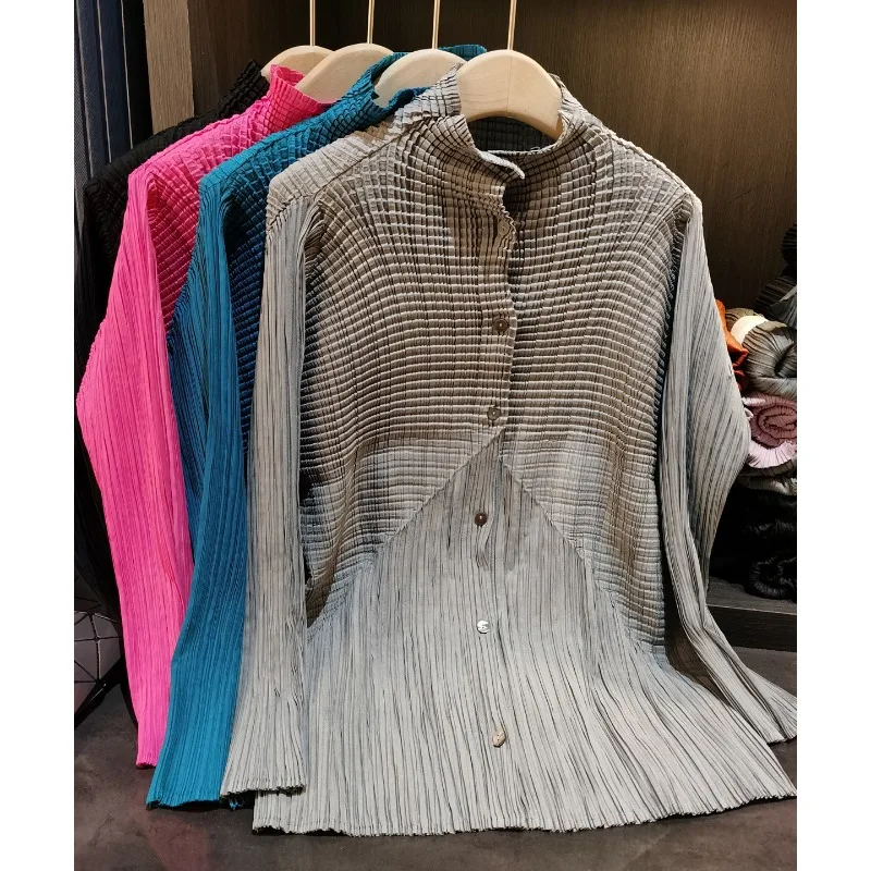 

Miyake Pleated Jacket Single-breasted Long-sleeved Shirt 2026 Women's New Loose Peplum Loose Stretch Large Size Tops Polyester