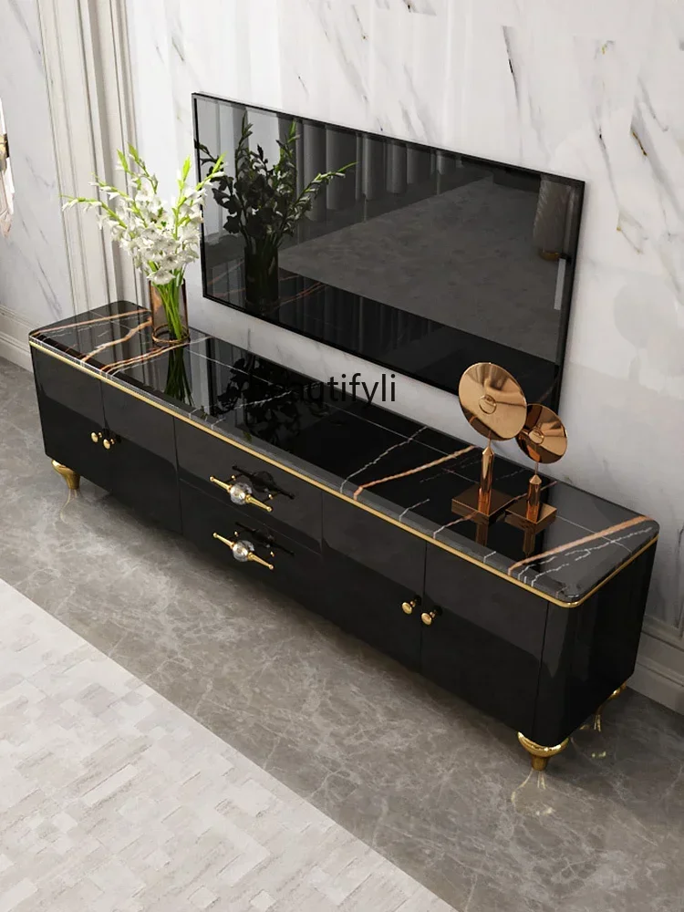 

V cqyItalian Marble TV Cabinet and Tea Table Combination Paint Suit Small Apartment Living Room Storage Floor Cabinet