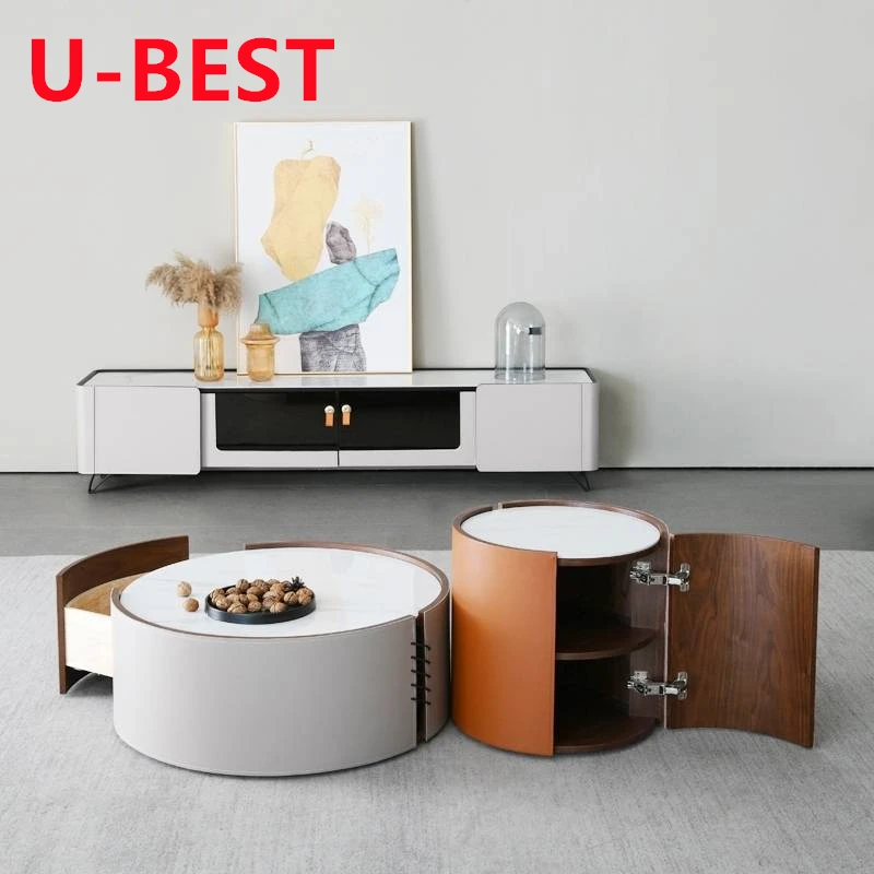 Mesa de centro de mármol blanco de lujo, soporte de Tv de piedra, almacenamiento moderno, juego de mesas de centro de madera negra, novedad de U-BEST