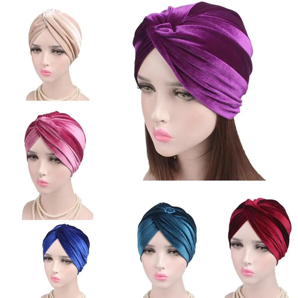 Indian Velvet Turban Women Muslim Inner Hijab Hat Stretch Headscarf Chemo Cap Beanies Bonnet Hair Loss Cross Twist Headwear Hats