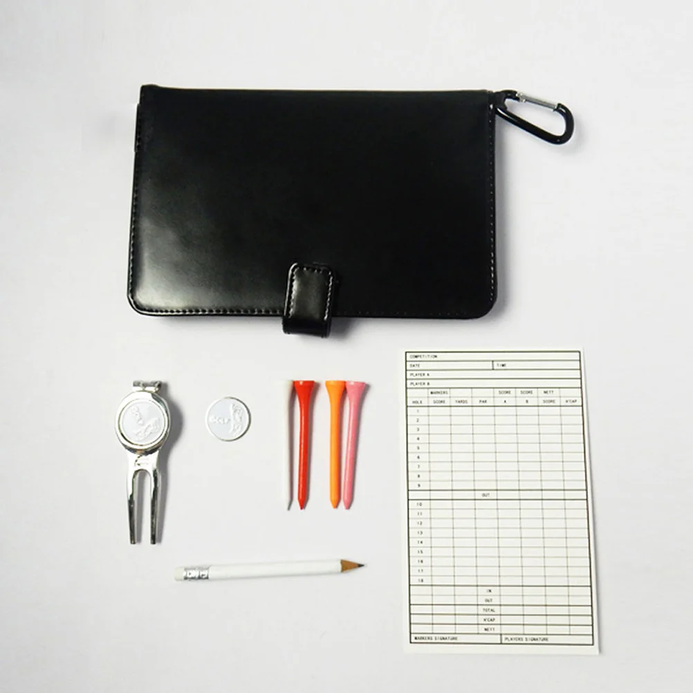 Golf Score Book Schwarz Scorecard Halter Werkzeugtasche Echter Organizer mit Divot Tool Ball Marker Tees Bleistift Scorecard