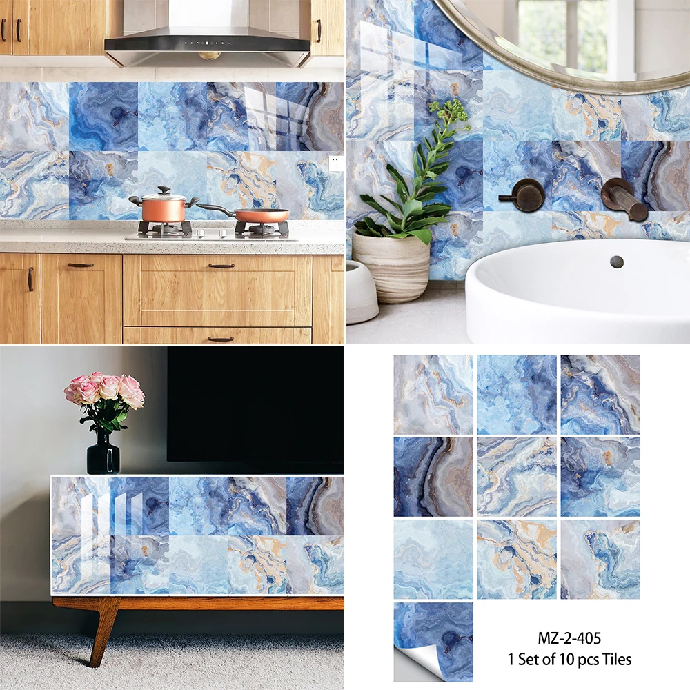 Modern Style Blue White & Grey Marble Pattern Wall Sticker Home Decor Bedroom Living Room Peel & Stick Hard Crystal Wallpaper