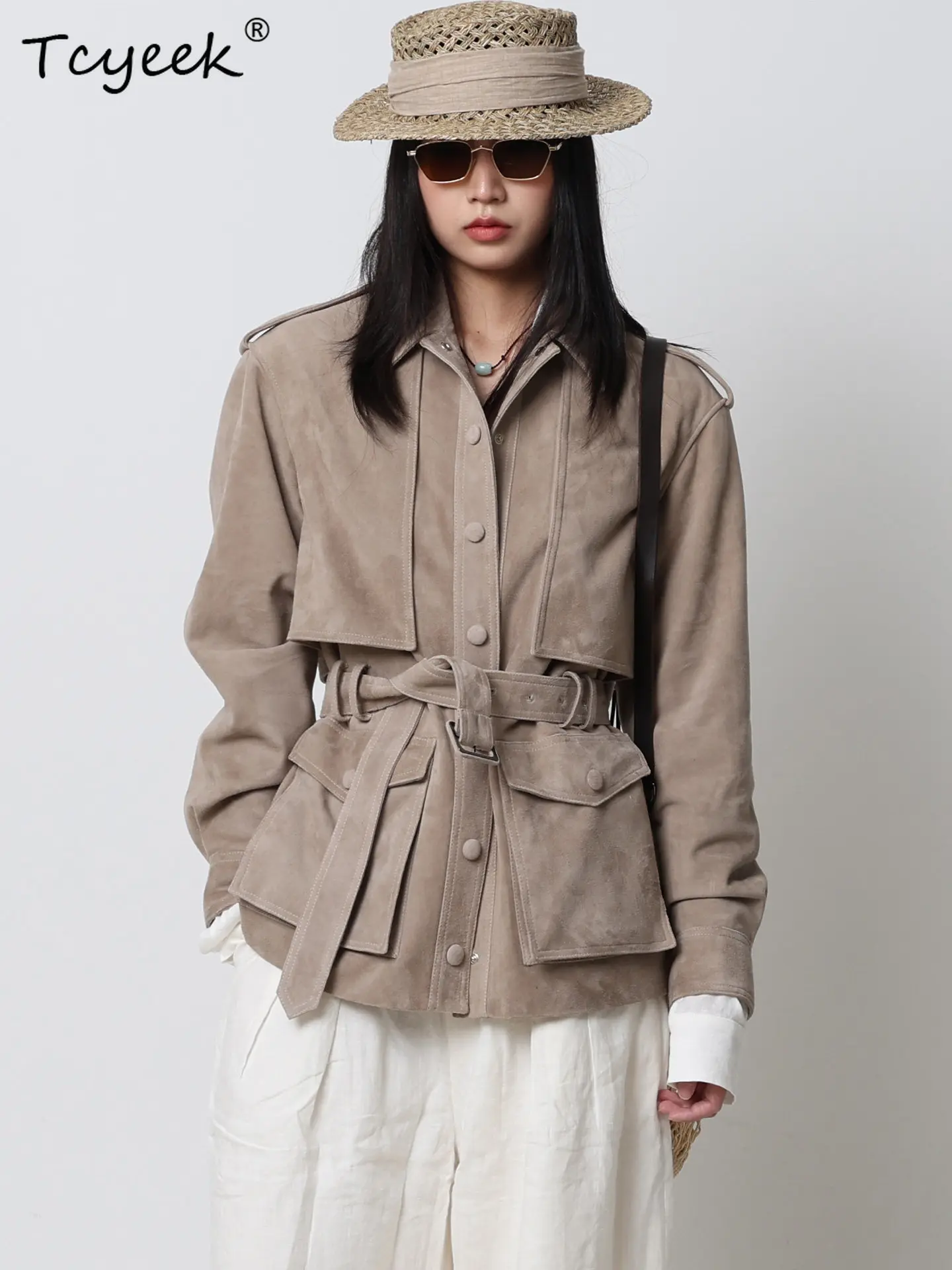 Tcyeek Real Leather Jacket Women 2026 Spring Autumn Clothes Loose Fit Fashion Kid Suede Coat for Woman Belt Jaqueta De Couro