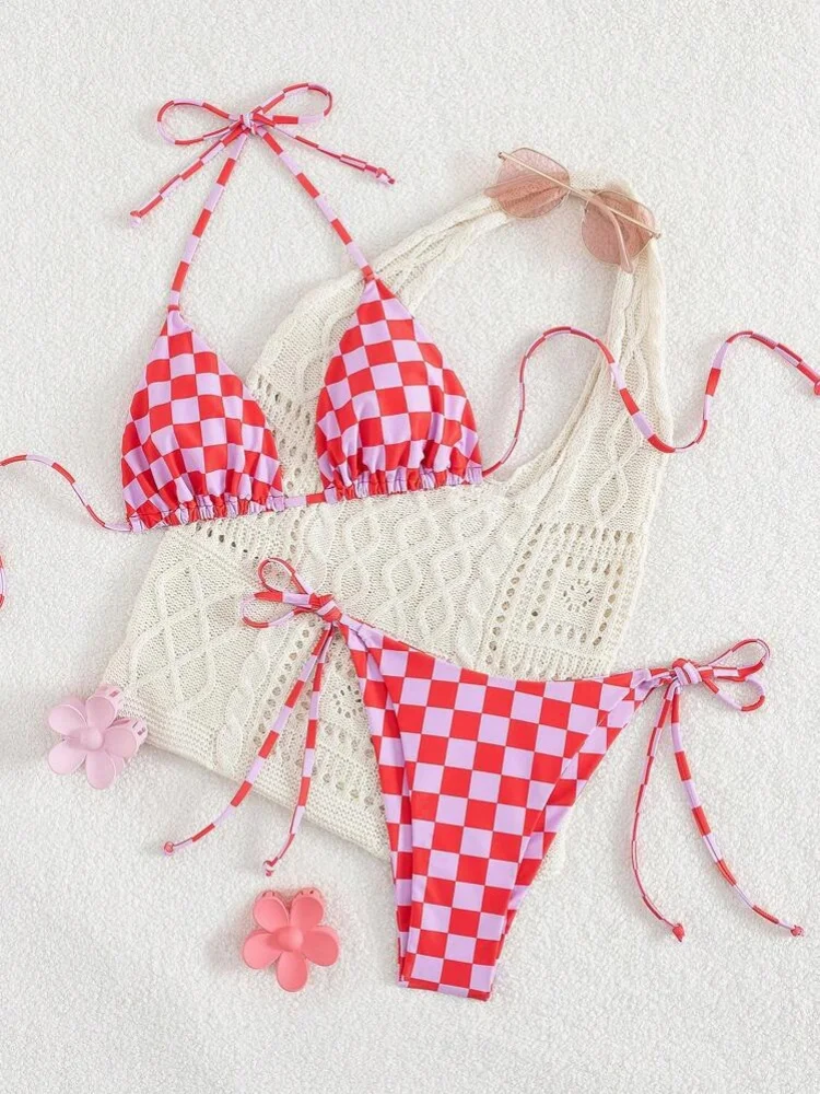 Microbikini a cuadros rosa para mujer, traje de baño Sexy con cuello Halter, Push Up, Tanga lateral con lazo, traje de baño brasileño para playa, Bikini 2026