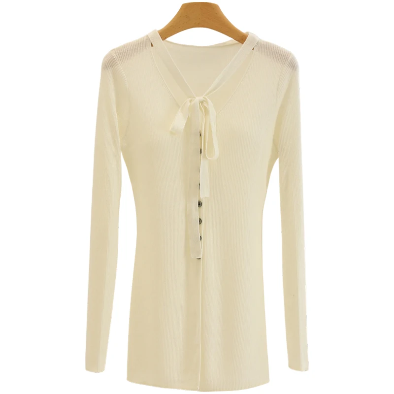 سليم صالح لون نقي محبوك سترة مفتوحة المرأة Faion تخفيف Sle زر واحد التعادل الخصر الخامس Ne Long Sve سترة #5