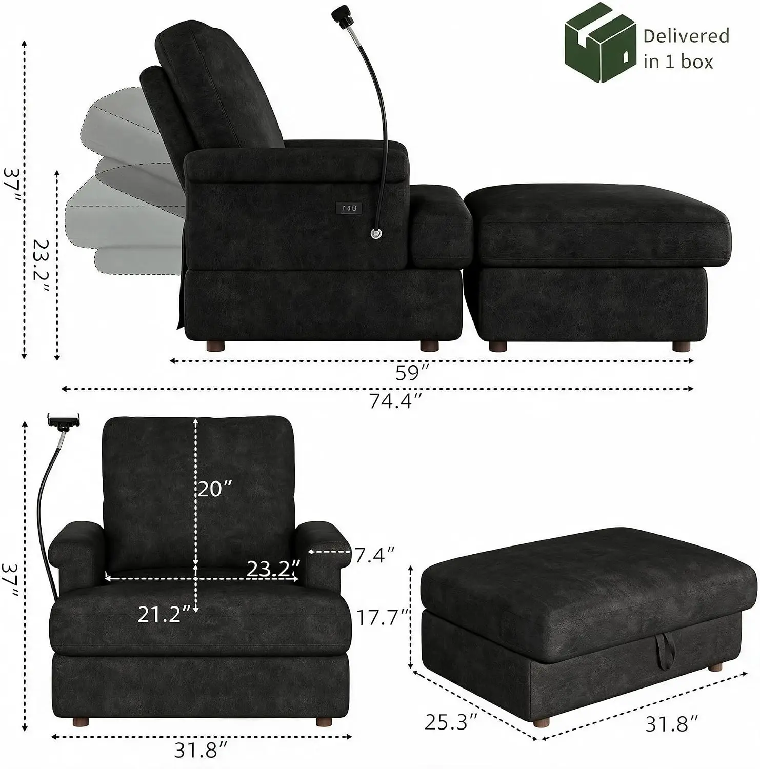 59″Oversized Chaise Lounge Chair Indoor with Storage Ottoman, Upholstered Sleeper Sofa Couch Chair with Reclining Backrest,Phone