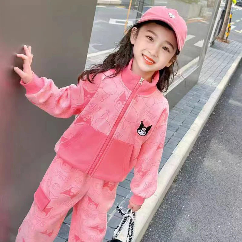 2024 Sanrio Kuromi Coat Sweatpants Girl Heart Kawaii Anime My Melody Clothes Autumn Sweet Cute Cartoon Two-Piece Set Kid Gift