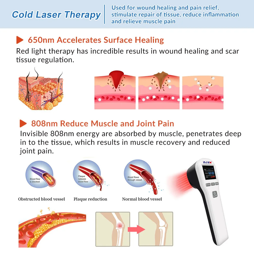 ZJZK Laser Pain Therapy 880mW Therapeutic Physiotherapy 650nmX16Diodes+808nmX4Diodes Vet Grade For Dogs Ulcers Knee Arthritis