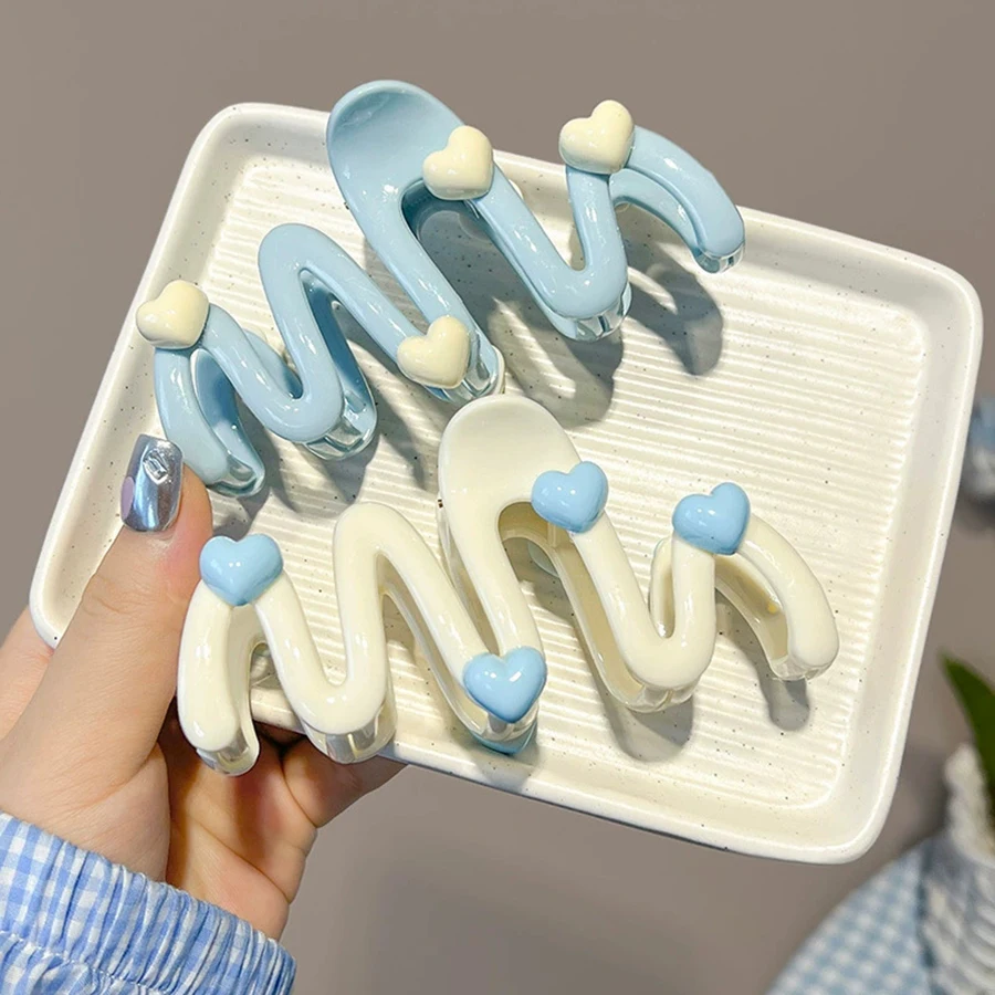 Blaue herzförmige Haarklammer, cremefarbene Clips für Frauen, süße, niedliche, unregelmäßige Hai-Clips, große Pferdeschwanz-Clips, Haarnadeln, 10,5 cm – Detail 2