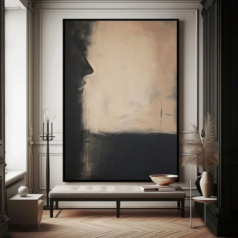 

Beige Wabi-Sabi Oil Painting, Black Beige Abstract Medieval Black Beige Frameless Oil Printing for Living Room and Home Decor