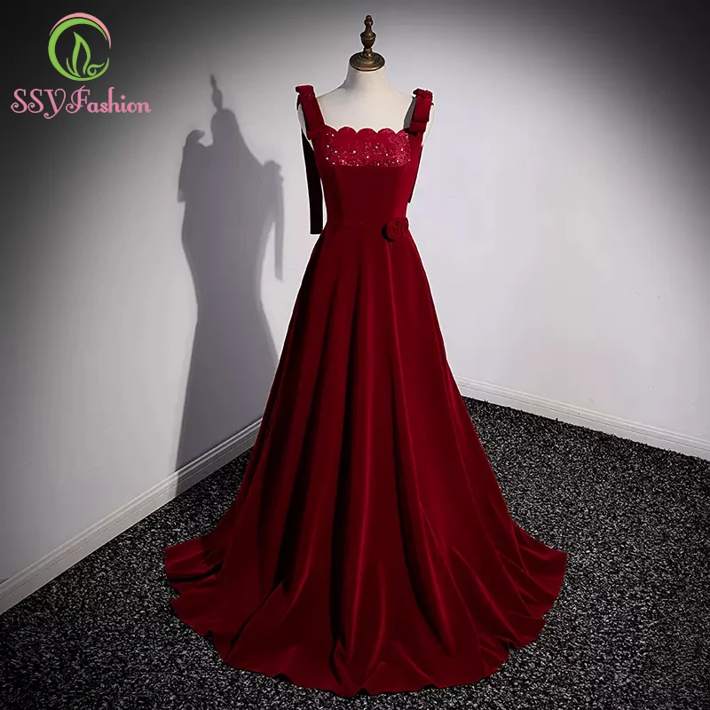 

SSYFashion Banquet Elegant Wine Red Velour Evening Dress Simple Rhinestone A-line Floor-length Sleeveless Party Gowns for Women