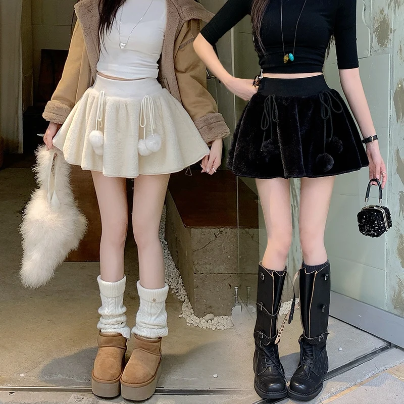 

Sweet Knot Plu Material f-length Skirt High Waist A-line Anti-light Fluffy ort Skirt for Women Casual Sle