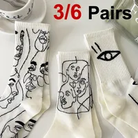 3/6 Pairs Abstract Line Paintings Mid Tube Cotton Socks Street Trend Sports Sweat Absorbing Breathable Couple Casual Socks
