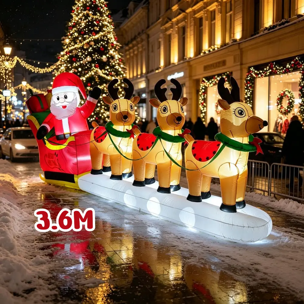 Santa Claus And Reindeer On Christmas 3.6M Inflatable Sled Built LED Lights For Indoor And Outdoor Lawn Garden Square Decoration