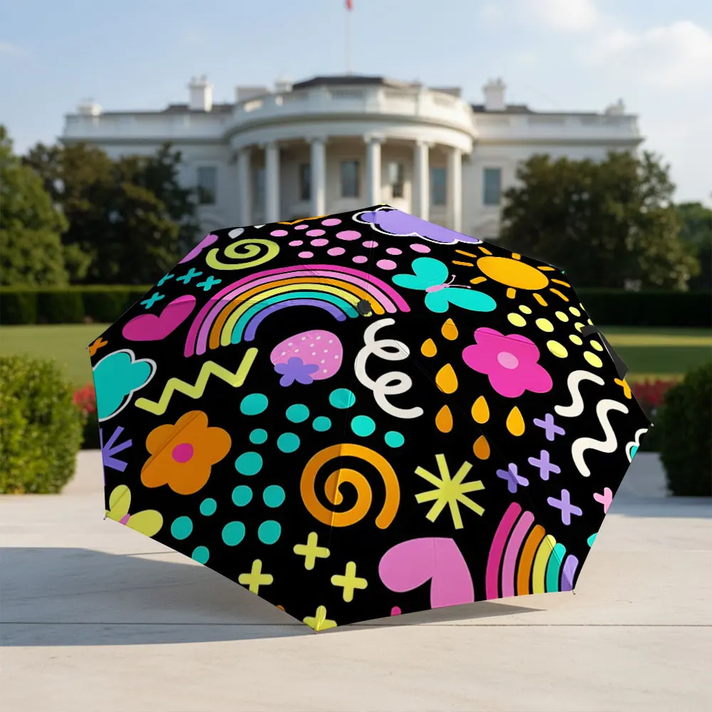 Colorful Rainbow and Shapes Pattern Umbrella Design Compact Fashion Folding Umbrella for Daily Use, Christmas Gift