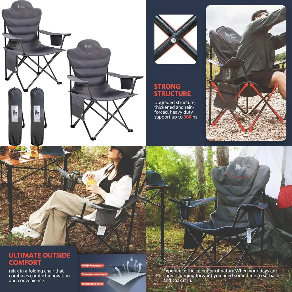 

Folding Camping Chair Heavy Duty Folding Chair 300lbs Oversized Outdoor Chairs with Cup Holder, Cooler Bag, Storage Pocket & Lum