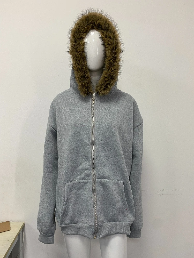 

2025 fashion vintage fur collar hooded jacket y2k trendy men's and women's zipper sweatshirt jacket ins
