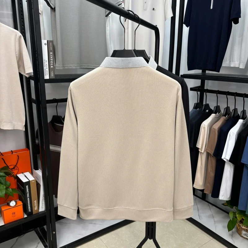 men's luxury autumn winter long sleeves false two-piece stripe lapel embroidery sweater leisure leisure business men's clothing