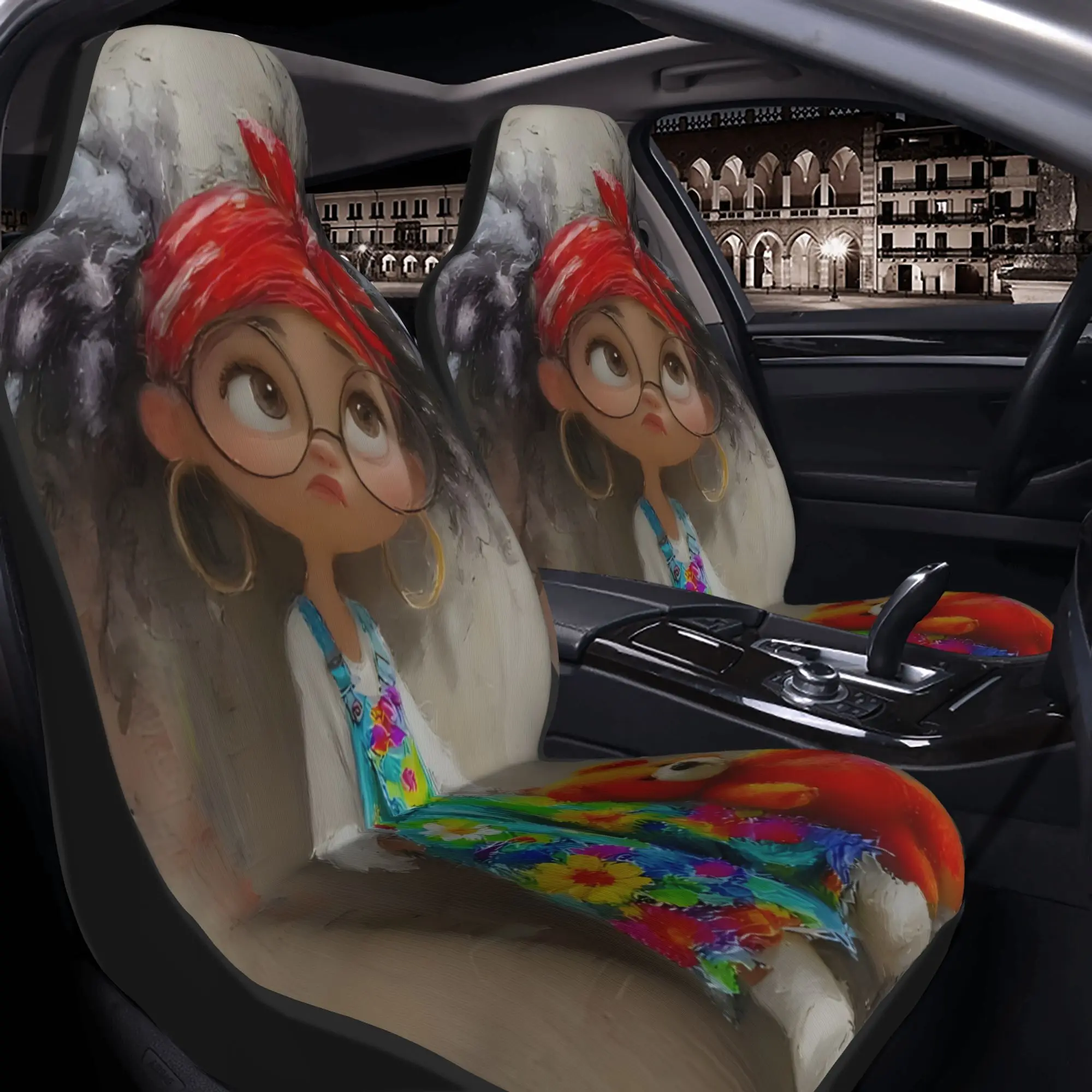 2pcs Cute Girl With Curly Hair, Red Headband, And Floral Overalls Holding A Teddy BearCar Seat Covers, Suitable For All Vehicles