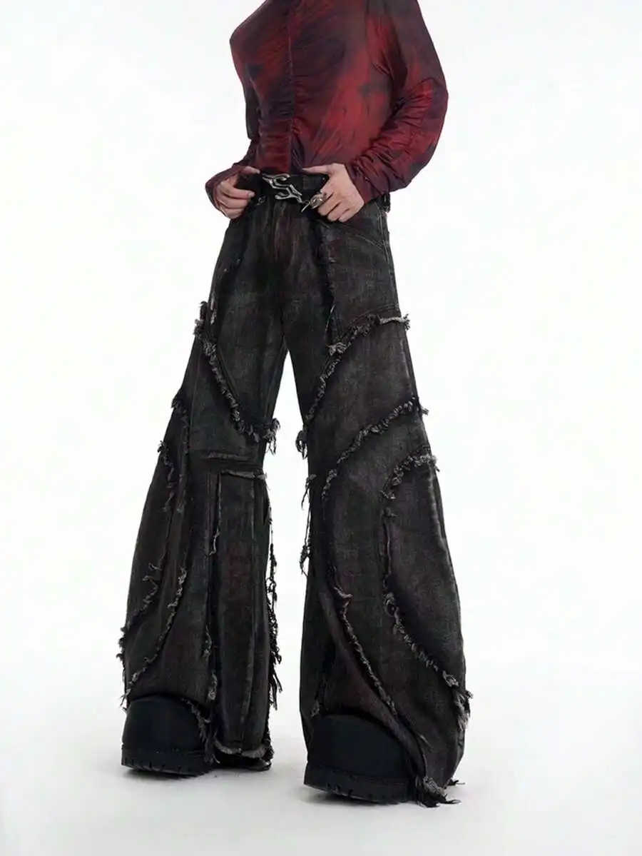 

Mens Retro Washed Patchwork Flared Jeans Loose Fit High Street Hip Hop Style