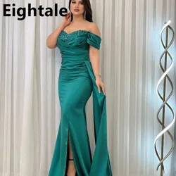 Customized Green Mermaid Evening Dresses Pearls Beaded Sweetheart Neck Off Shoulder Slit Party Gown Fitted Arabic Prom Dress