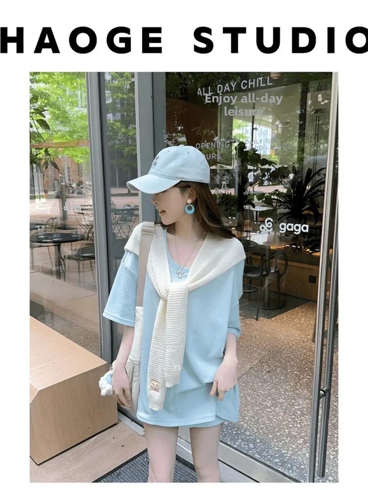 

Fashionable Short Sleeve Korean Style Women's Set Elegant Skirt Youthful Spring Collection round Neck Two-Piece Ensemble