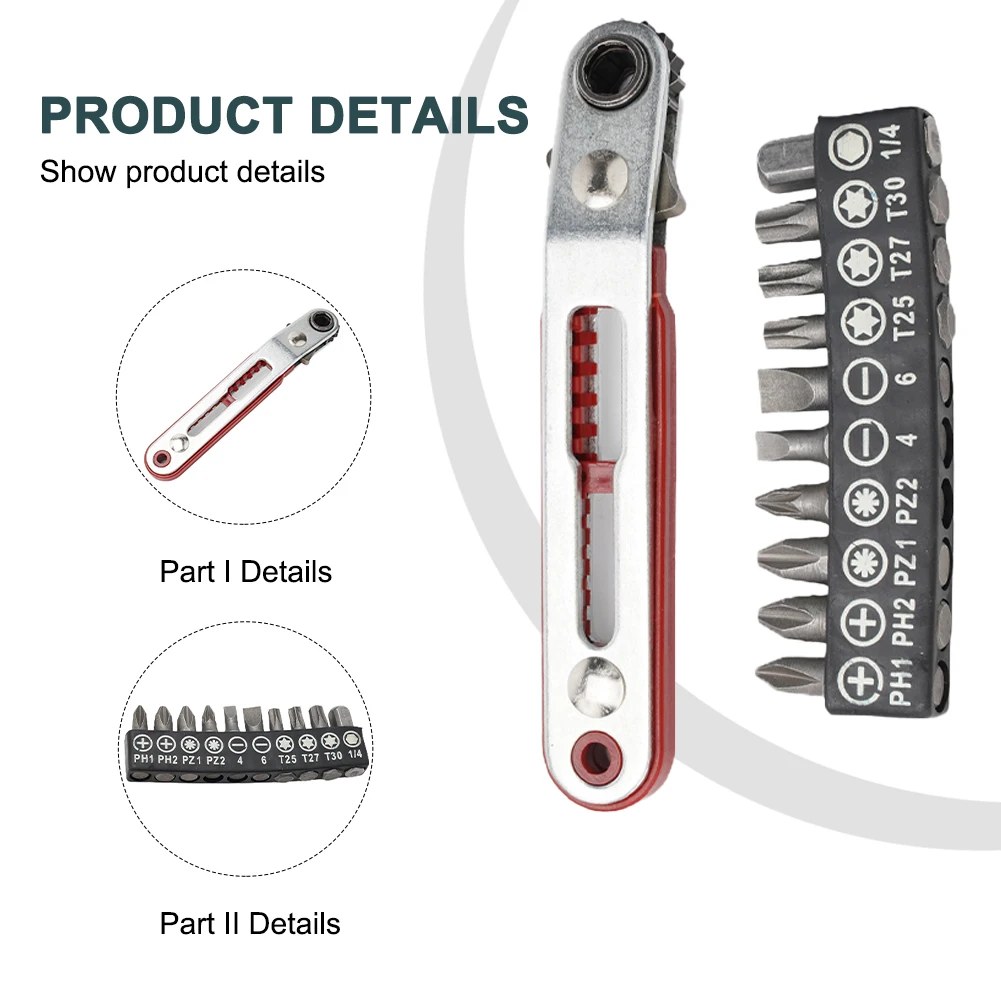 11pcs/set Brand New Screwdriver Bit Small Ratchet Wrench With Bit Set 16 Teeth 90 Degree Offset Chrome Vanadium Steel