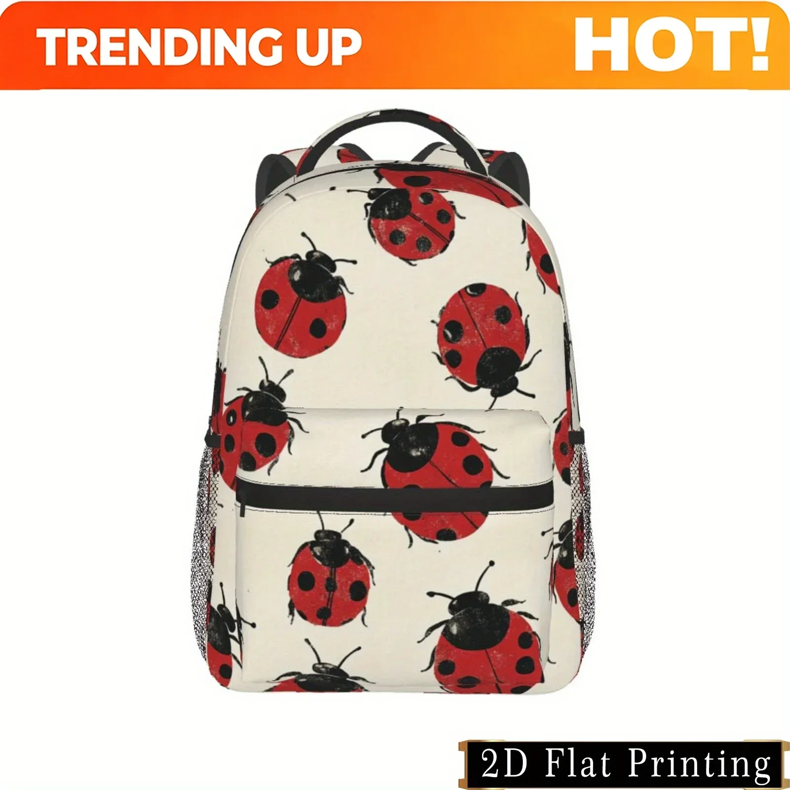 Custom 2D Flat Printing, Ladybug Print Backpack With Adjustable Straps, Multiple Compartments, Lightweight, Durable Fabric