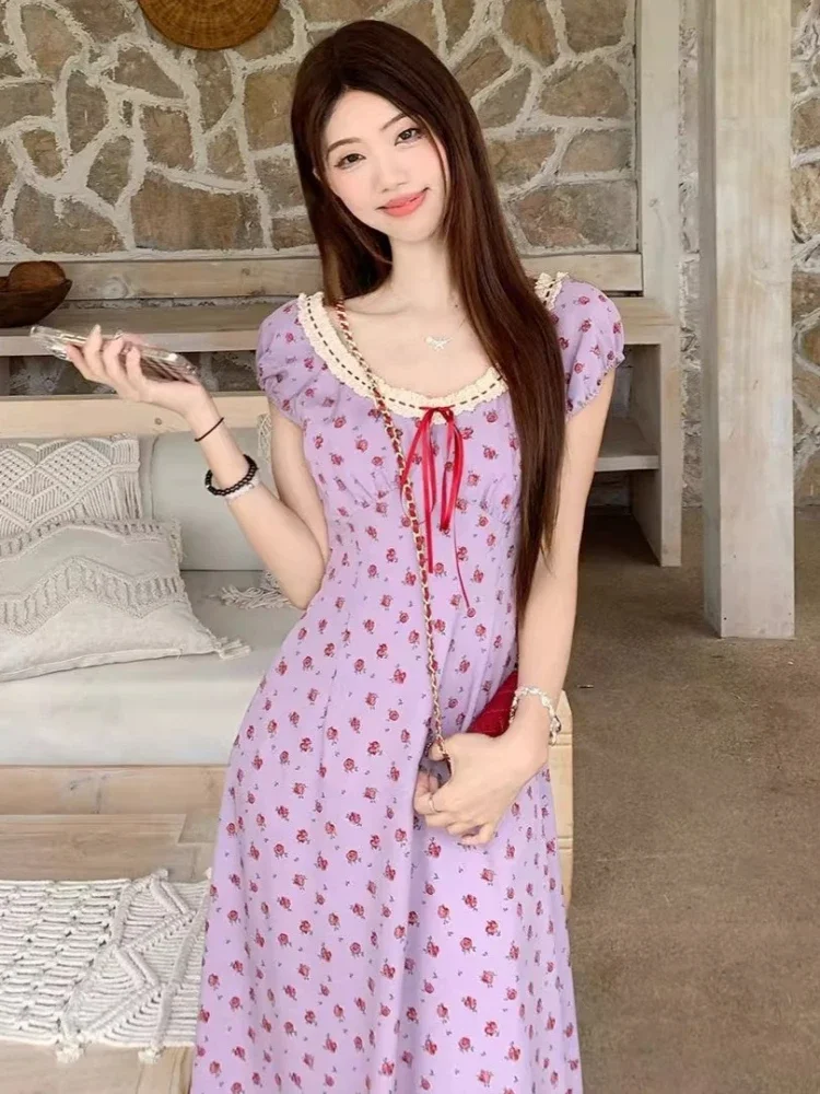 Robe Vintage en dentelle pour femmes, imprimé floral, Patchwork, taille haute, tempérament coréen, Maxi, 2025