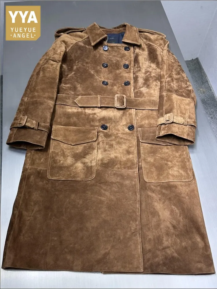 

Retro Lapel Pocket Belt Genuine Leather Trench Jacket Solid Color Sheep Suede Long Sleeves Slim Ladies Double-Breasted Outerwear